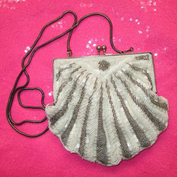 1950s vintage beaded evening purse prom white flapper bag - Picture 2 of 4